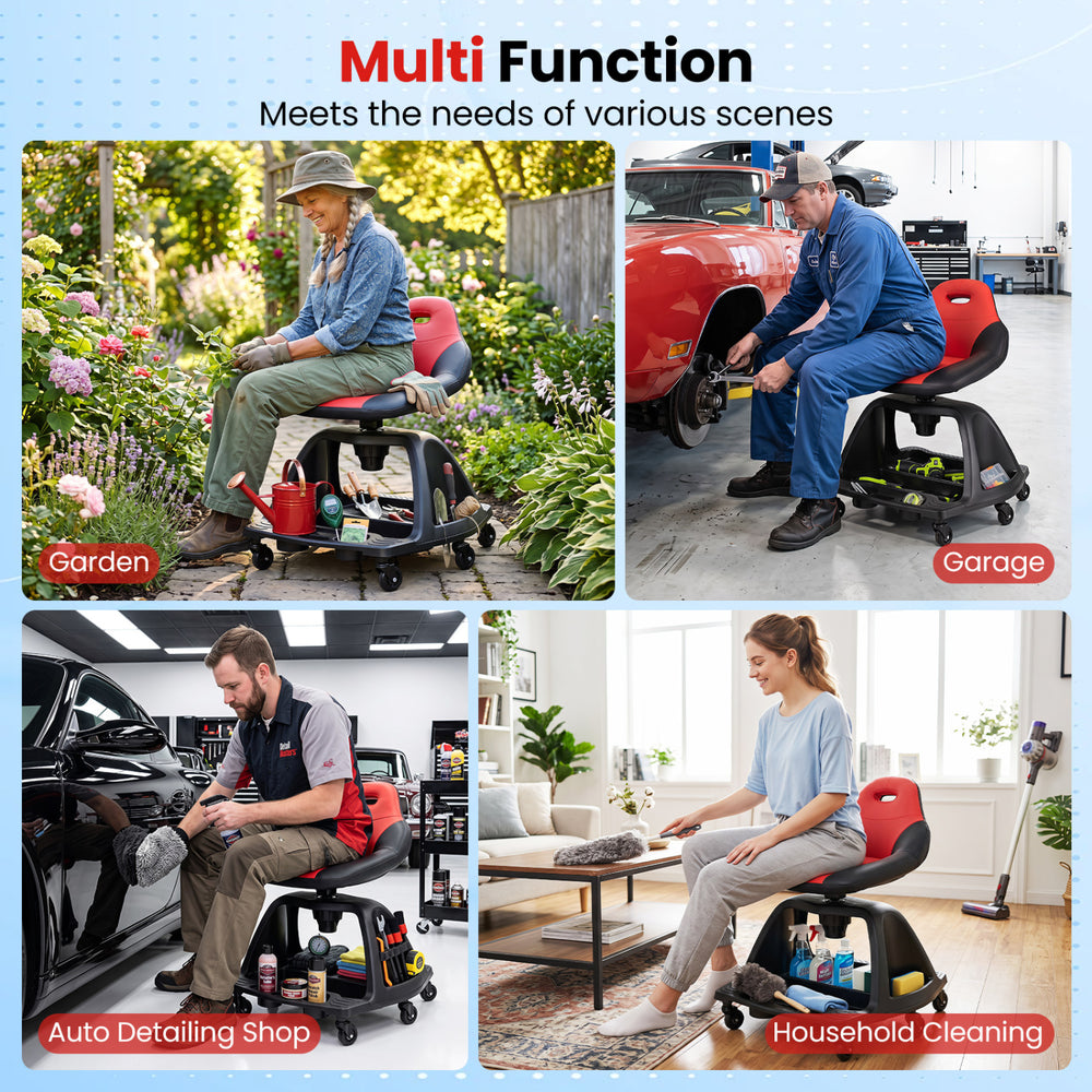Red garage mechanic stool with backrest, 330 lbs capacity, 6 wheels, and tool tray for versatile use in various tasks.