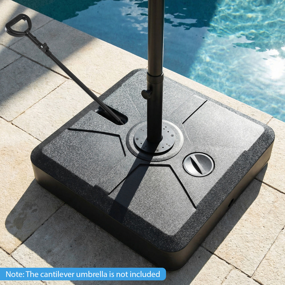 Weighted umbrella base with wheels and retractable pull rod, designed for 13 FT cantilever umbrellas, in black.