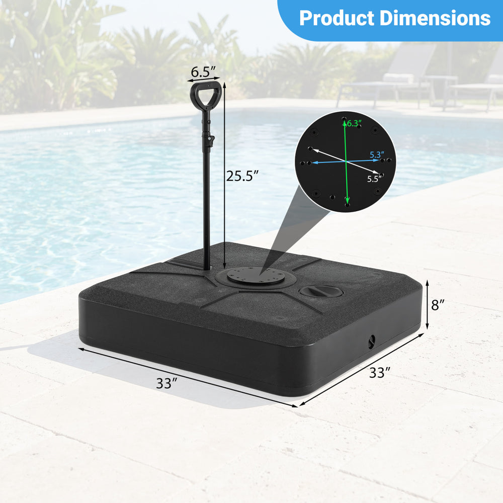 330 lbs weighted cantilever umbrella base with wheels, featuring a retractable pull rod, for secure outdoor use.