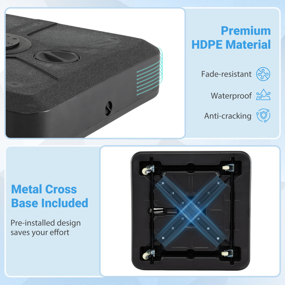 330 lbs weighted cantilever umbrella base in black, made of premium HDPE, features wheels and a retractable pull rod.