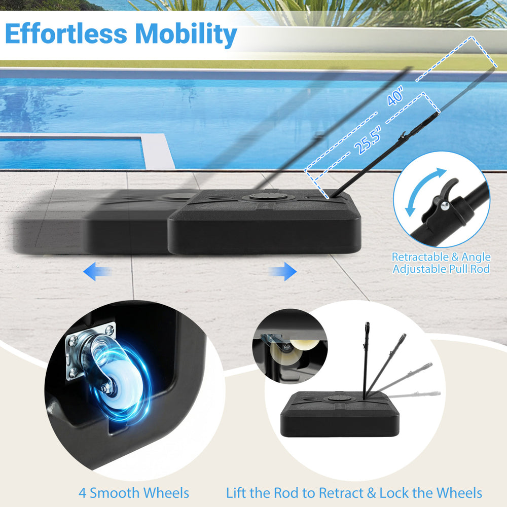 Weighted cantilever umbrella base with wheels, adjustable pull rod, and smooth mobility for easy relocation.