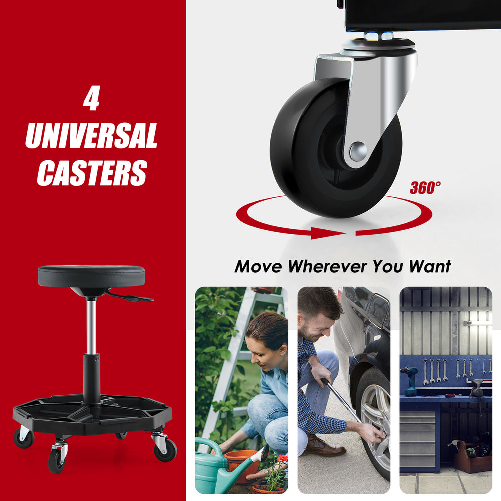 Pneumatic rolling mechanic stool with padded seat, 330 lbs capacity, and 4 universal casters for easy mobility.