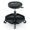 Pneumatic rolling mechanic stool with padded seat, adjustable height, and large tool tray for convenience and comfort.