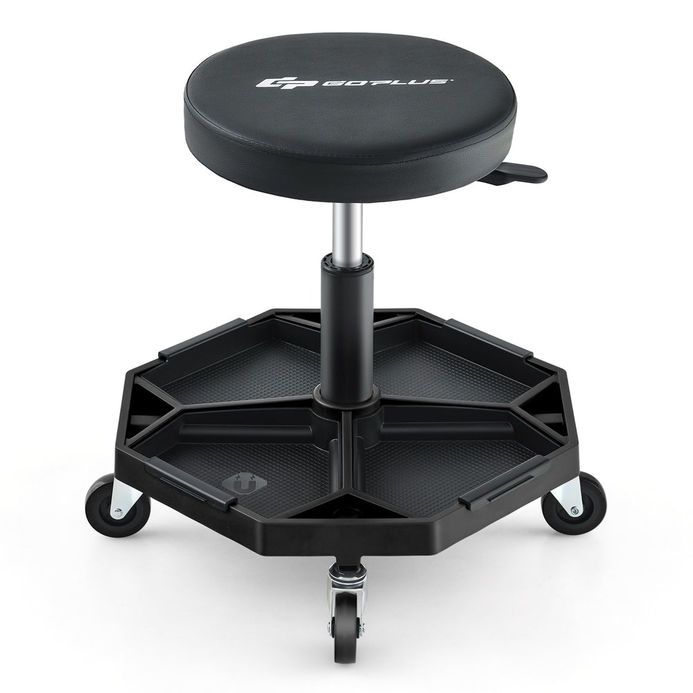 Pneumatic rolling mechanic stool with padded seat, adjustable height, and large tool tray for convenience and comfort.