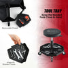 Pneumatic rolling mechanic stool with padded seat, tool tray, and removable chassis for easy tool access and storage.