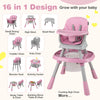 16-in-1 baby high chair in pink, featuring adjustable height, activity center, and booster seat for versatile use.