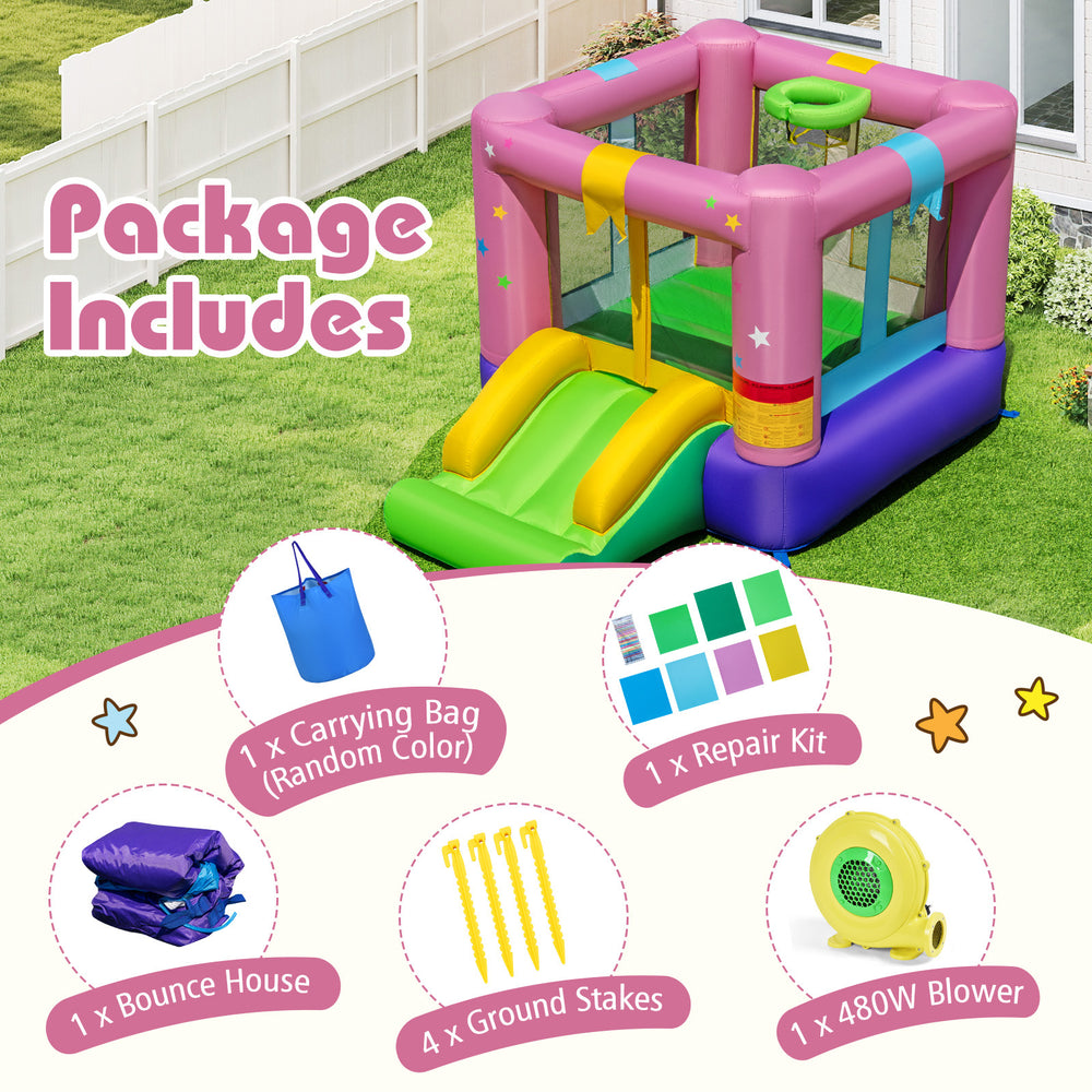 Inflatable bounce house with slide and basketball hoop, made of durable 420D oxford cloth, ideal for kids' parties.