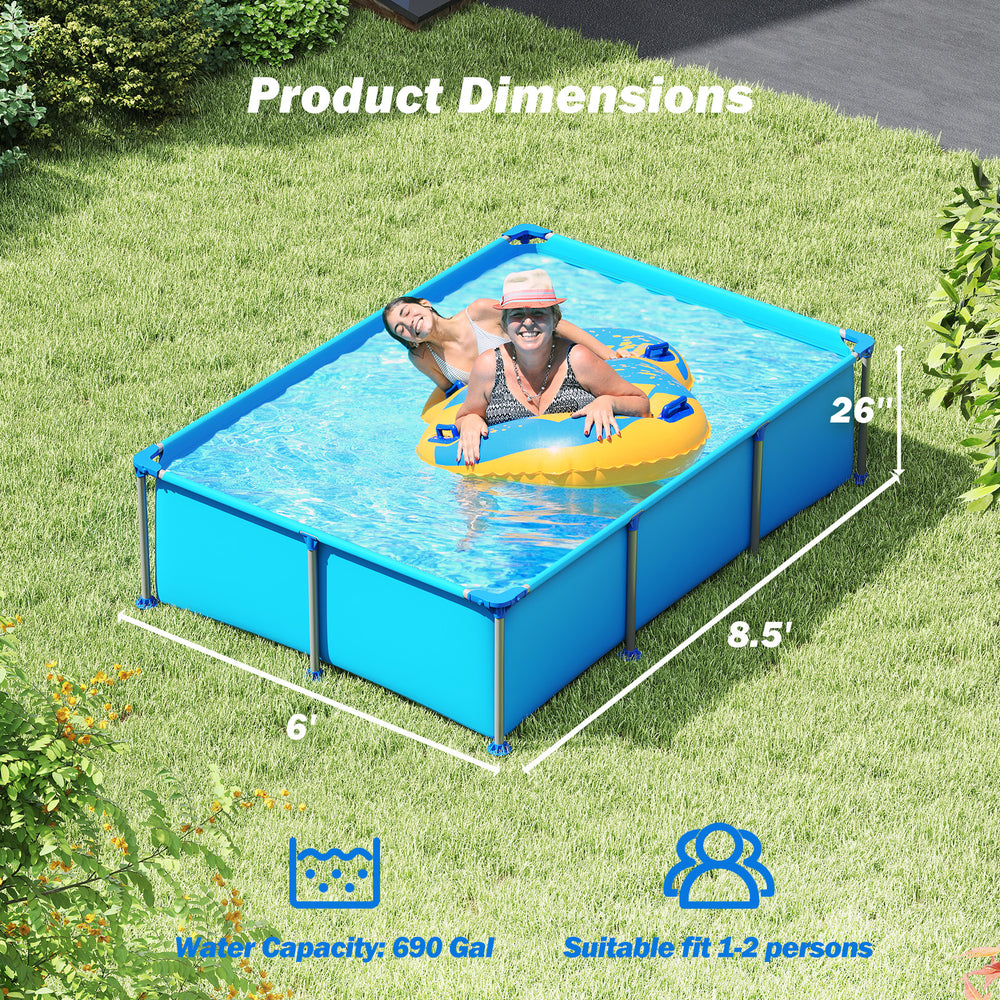 Outdoor family swimming pool with metal frame, 6 ft size, 690-gallon capacity, ideal for backyard fun.