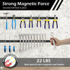 18-inch black magnetic tool holder strip with various tools attached, showcasing strong magnetic force for workspace.