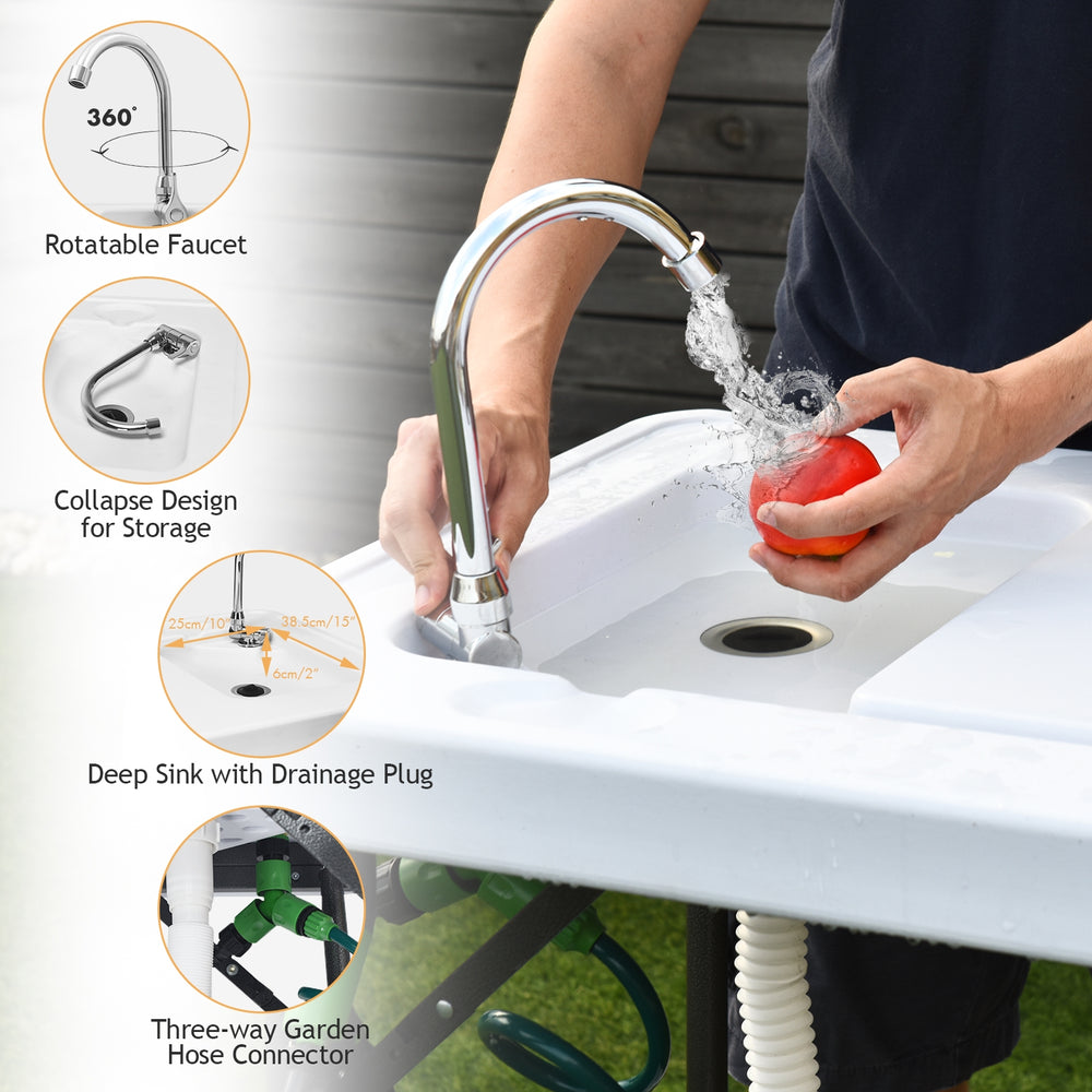 Folding cleaning sink table with rotatable faucet, deep sink, and extending sprayer for outdoor cleaning convenience.