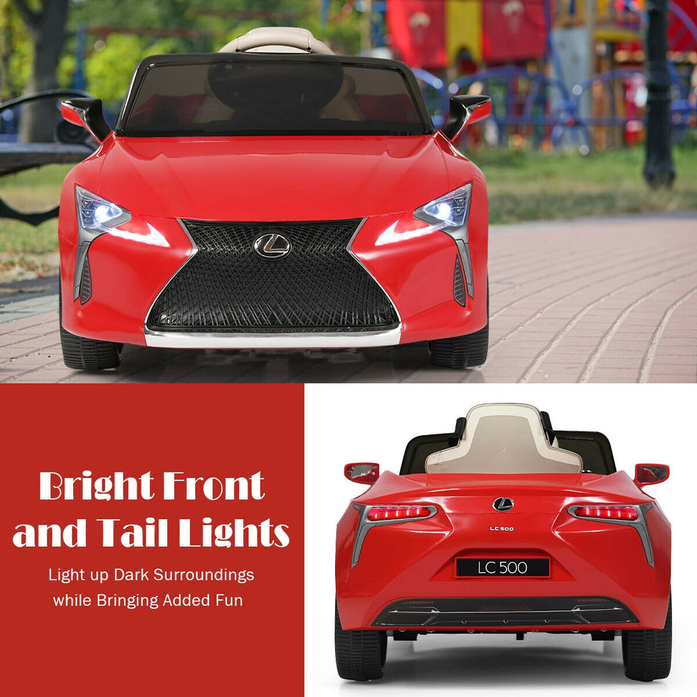 Kids ride-on Lexus LC500 electric vehicle in red with bright front and tail lights for fun outdoor driving.