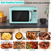 Retro green 0.9 Cu.ft countertop microwave oven with 5 power levels and clear viewing window for compact kitchens.