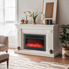 Electric fireplace insert with adjustable thermostat and three flame colors, enhancing ambiance in a cozy living room.
