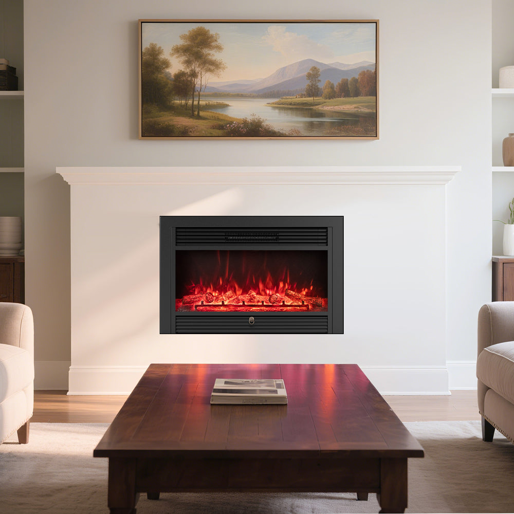 33-inch electric fireplace insert with adjustable flame colors and remote control, perfect for cozy living room.