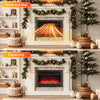 Electric fireplace insert showing flame and heat mode, featuring adjustable thermostat and remote control for cozy.