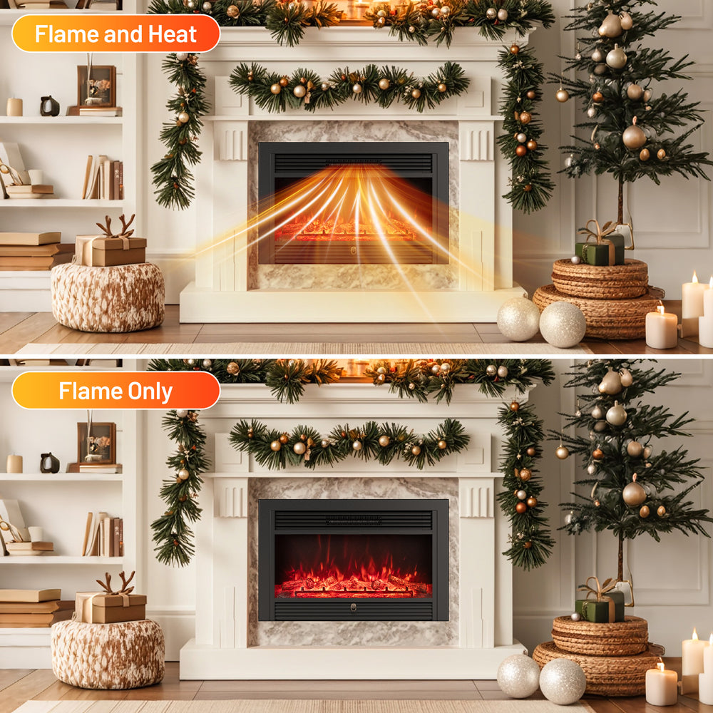 Electric fireplace insert showing flame and heat mode, featuring adjustable thermostat and remote control for cozy.