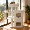 33.5-inch beige kitten tower featuring a 2-tier condo, padded top perch, and sisal scratching posts for playful.