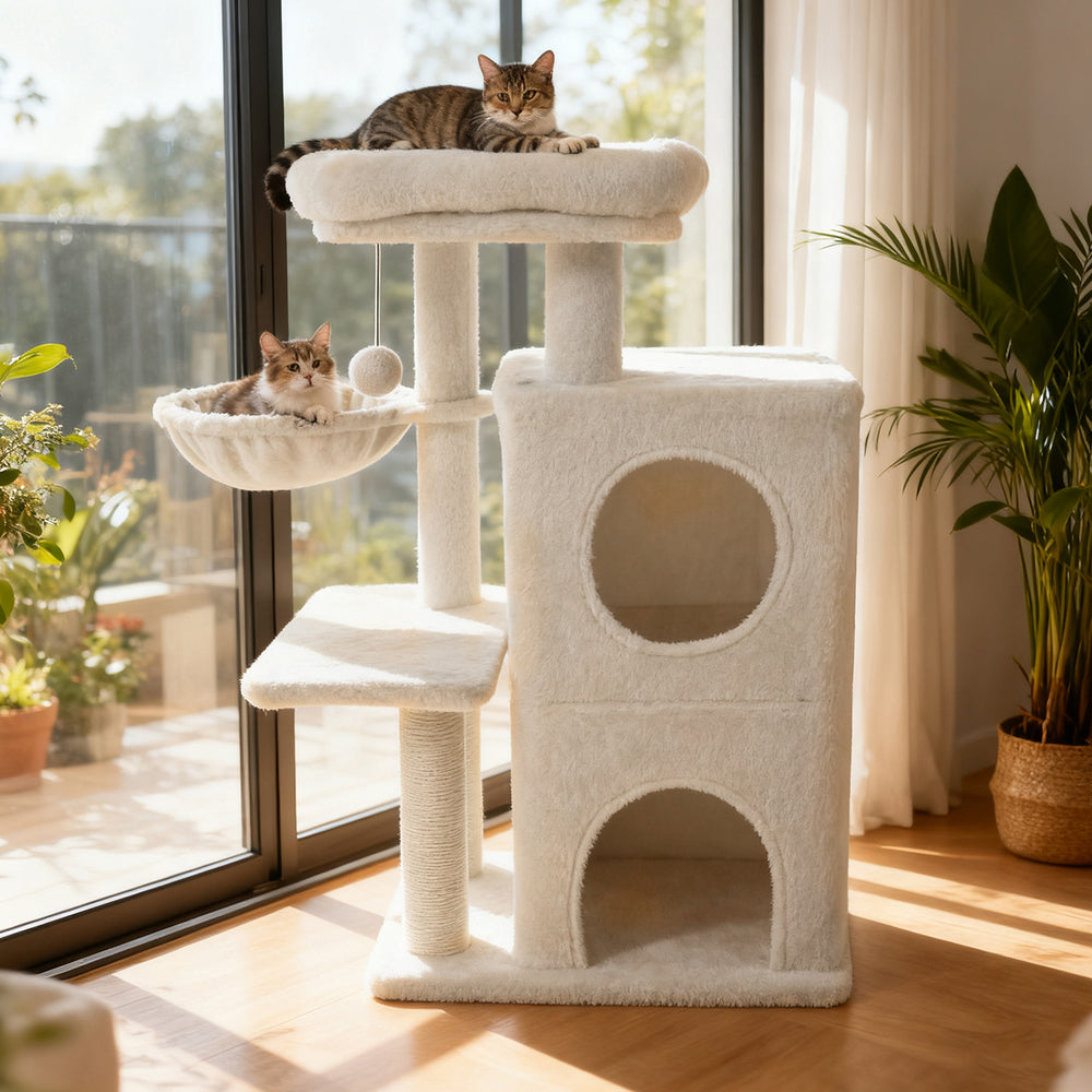 33.5 Inch Cute Kitten Tower with 2-Tier Condo and Padded Top Perch-Beige - Gallery View 1 of 10