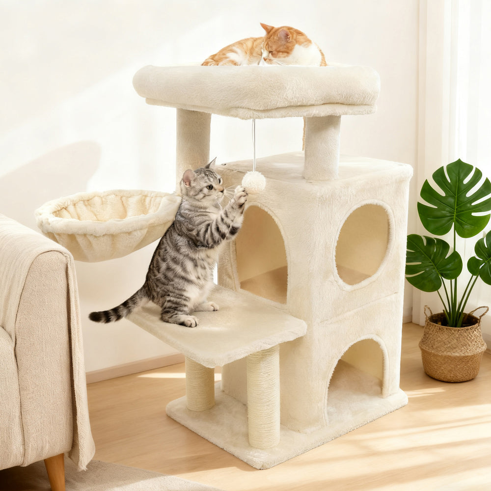 Cat tree featuring a padded top perch and 2-tier condo in beige, perfect for lounging and playful interaction.