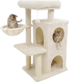 Two cats play on a 33.5-inch beige kitten tower with a padded top perch and spacious 2-tier condo for lounging.