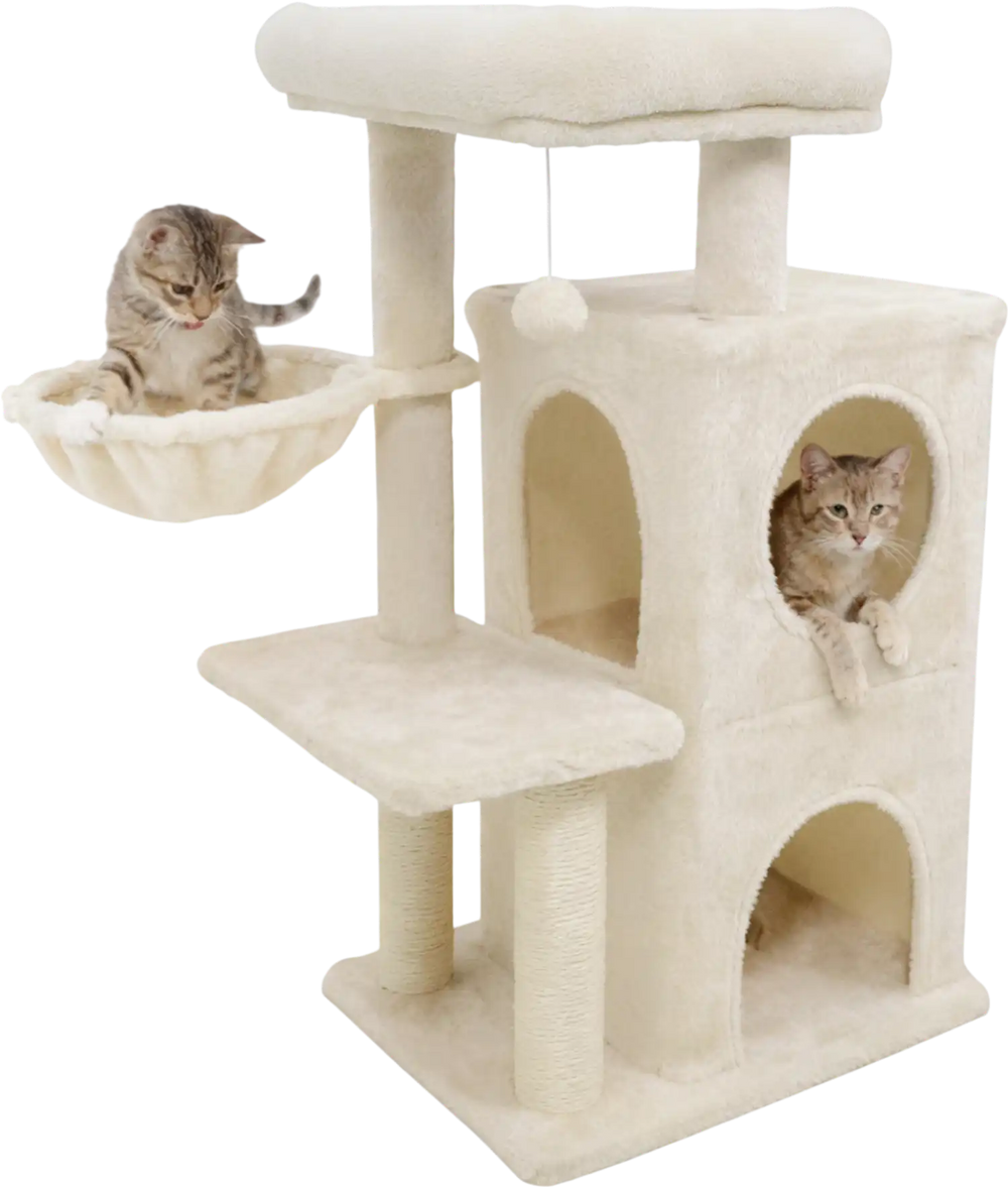 Two cats play on a 33.5-inch beige kitten tower with a padded top perch and spacious 2-tier condo for lounging.