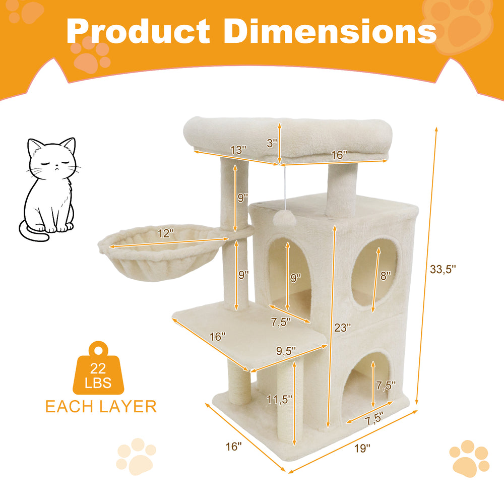 33.5-inch beige kitten tower with 2-tier condo, padded top perch, and scratching posts for playful lounging.