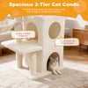 Spacious 2-tier cat condo in beige with padded cushions, 3 access holes, and a top perch for lounging and napping.