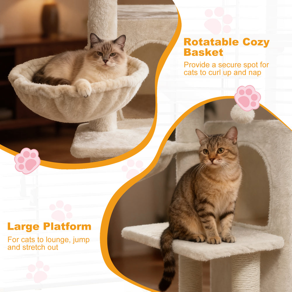 Rotatable cozy basket and large platform of the 33.5-inch beige kitten tower for lounging and napping.