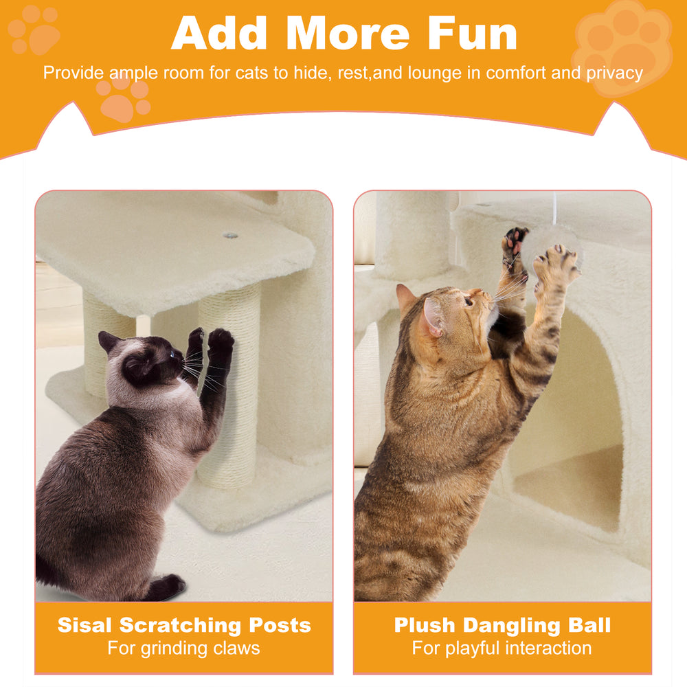Sisal scratching posts and plush dangling ball on a 33.5-inch beige kitten tower for playful interaction and comfort.