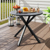 Round patio bistro table with a wood-like top and X-shaped legs, perfect for outdoor dining in your garden or yard.