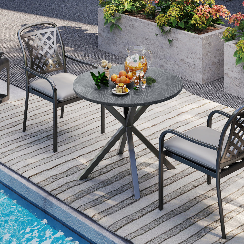 Round patio bistro table with wood-like top and X-shaped legs, perfect for outdoor dining in your garden or patio.