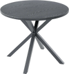 Round patio bistro table with wood-like top and X-shaped legs, gray finish, suitable for 4-6 people, ideal for outdoor.