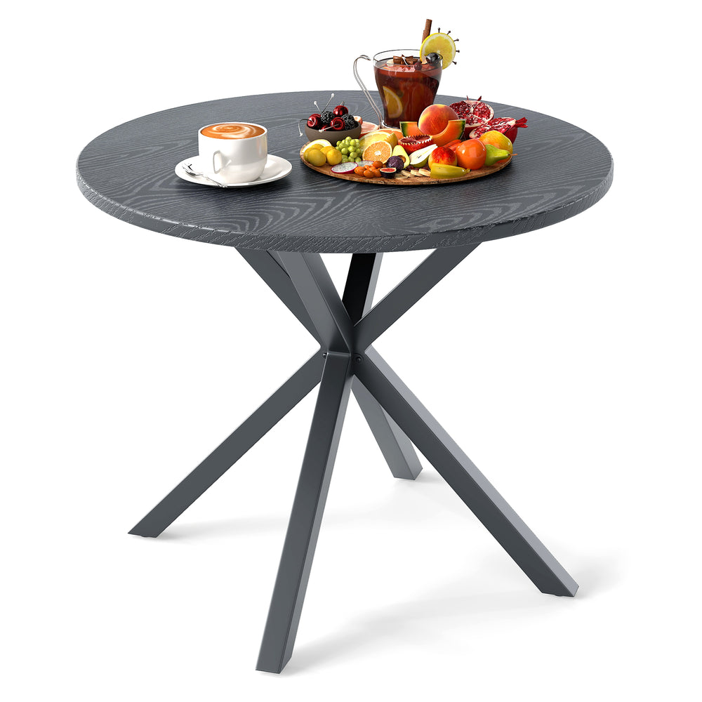 Round gray patio bistro table with wood-like top and X-shaped legs, perfect for outdoor dining with 4-6 people.