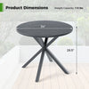 Round patio bistro table with a wood-like top, gray X-shaped legs, dimensions 34" diameter and 28.5" height, suitable.