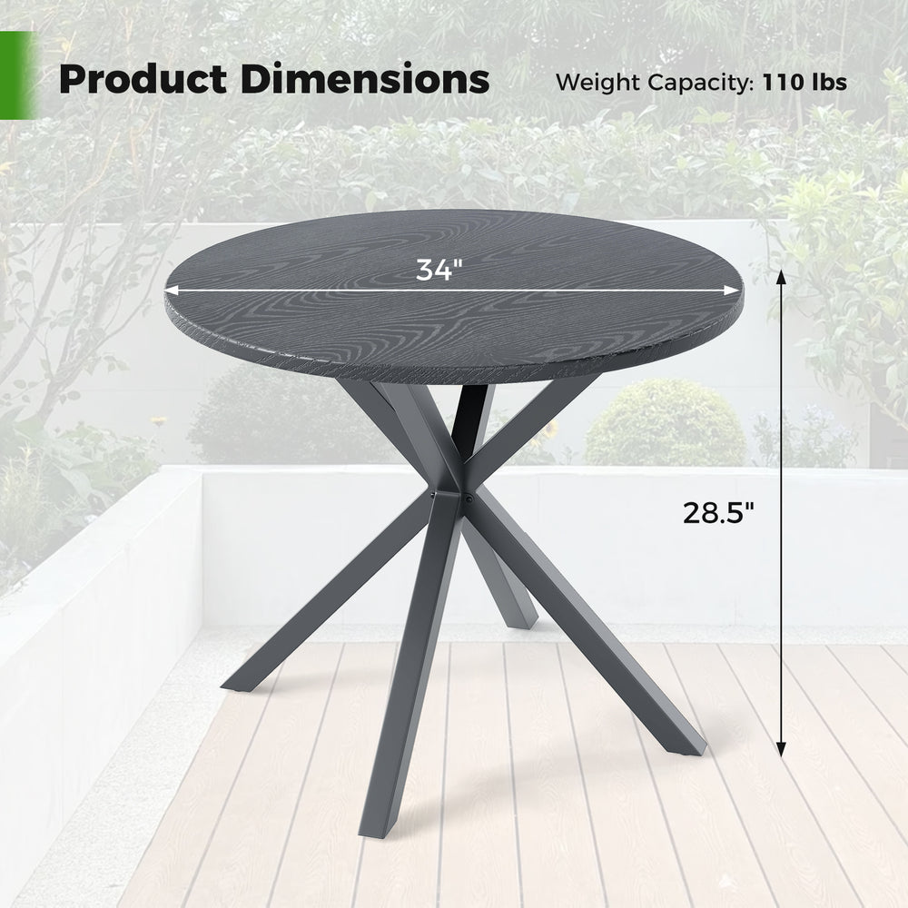 Round patio bistro table with a wood-like top, gray X-shaped legs, dimensions 34" diameter and 28.5" height, suitable.