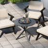 Round patio bistro table with wood-like top and X-shaped legs, perfect for outdoor gatherings in your garden or patio.