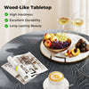 Round patio bistro table with a wood-like top, gray finish, suitable for 4-6 people, ideal for outdoor settings.