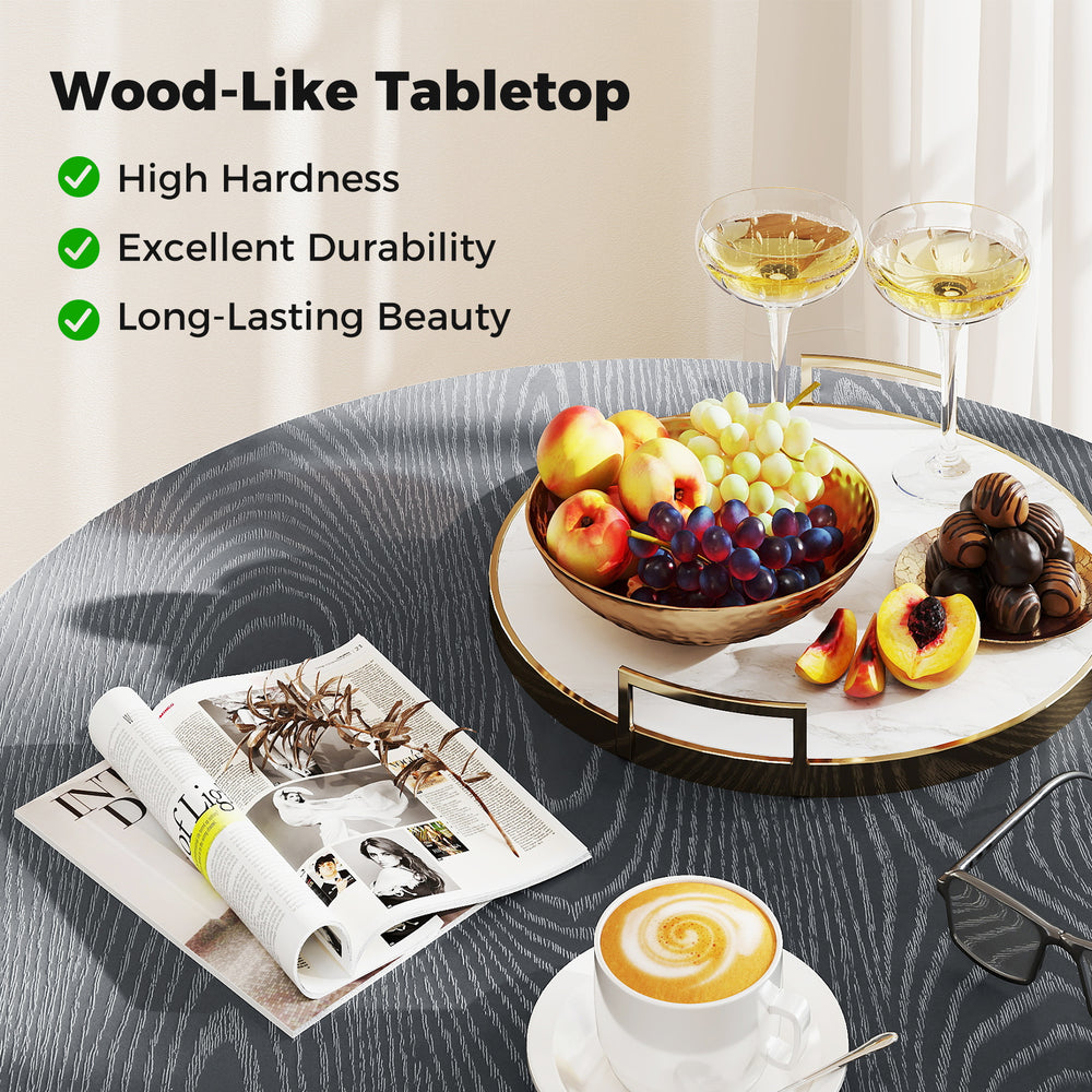 Round patio bistro table with a wood-like top, gray finish, suitable for 4-6 people, ideal for outdoor settings.