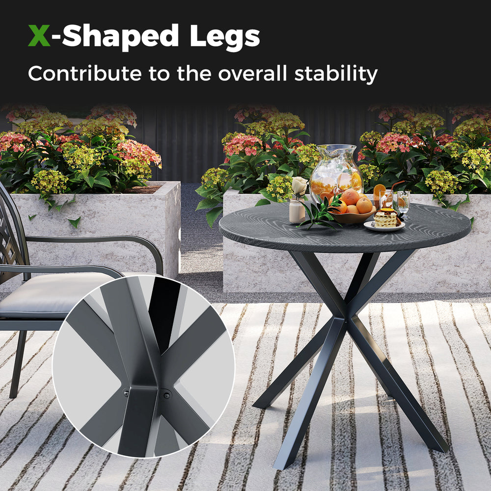 Round 33.5-inch gray patio bistro table with wood-like top and X-shaped legs, perfect for outdoor gatherings.