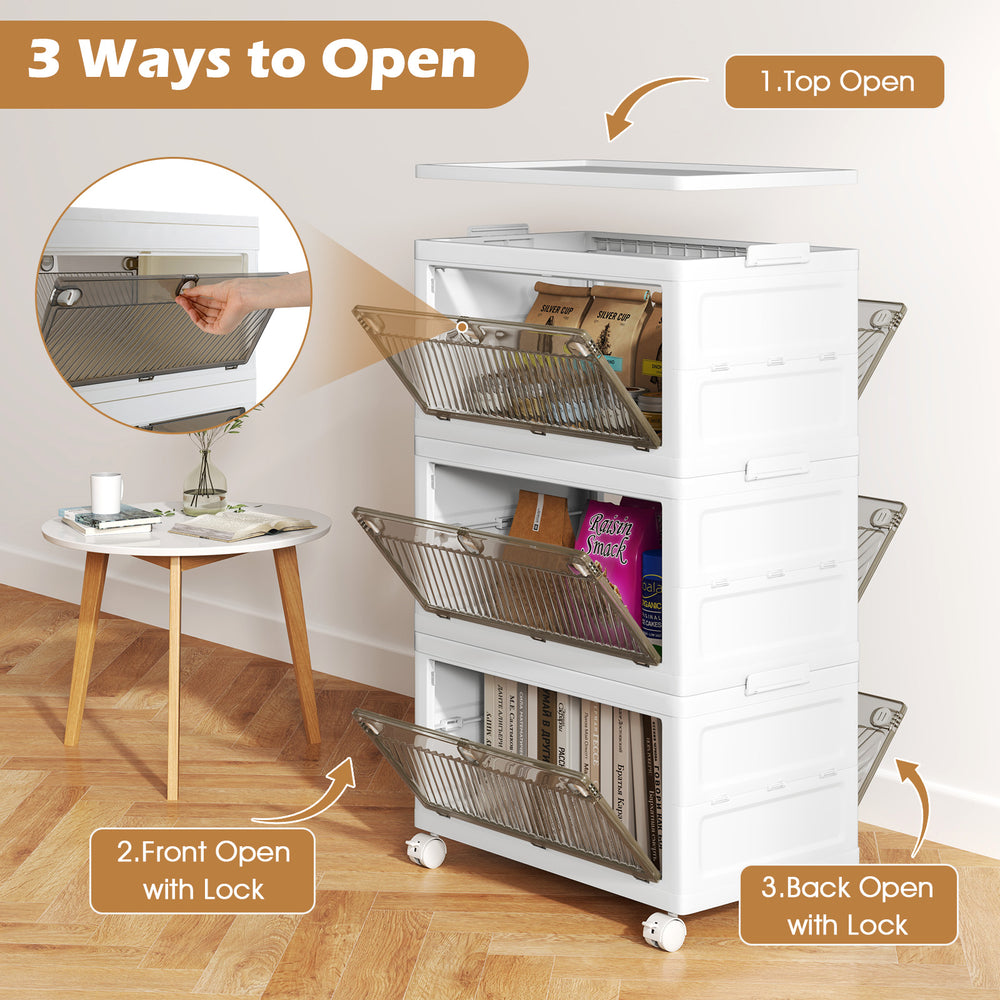 Stackable white plastic storage bins with lid, featuring 3 opening options and 33-gal capacity for versatile.