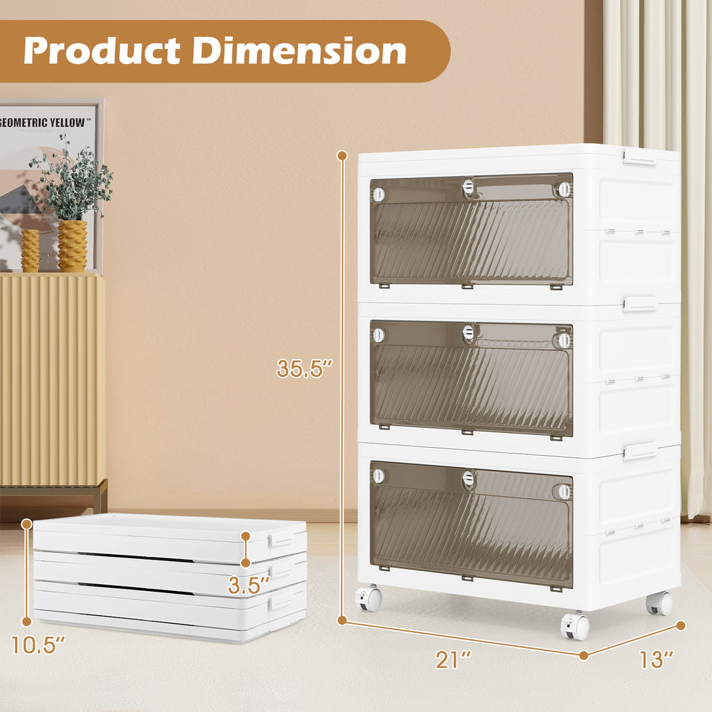 Stackable white plastic storage bins with translucent doors, measuring 35.5" high, ideal for bedroom and living room.