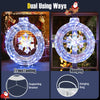 33-inch lighted snowflake wreath with 128 LED lights, featuring hanging ring and support bracket for versatile display.