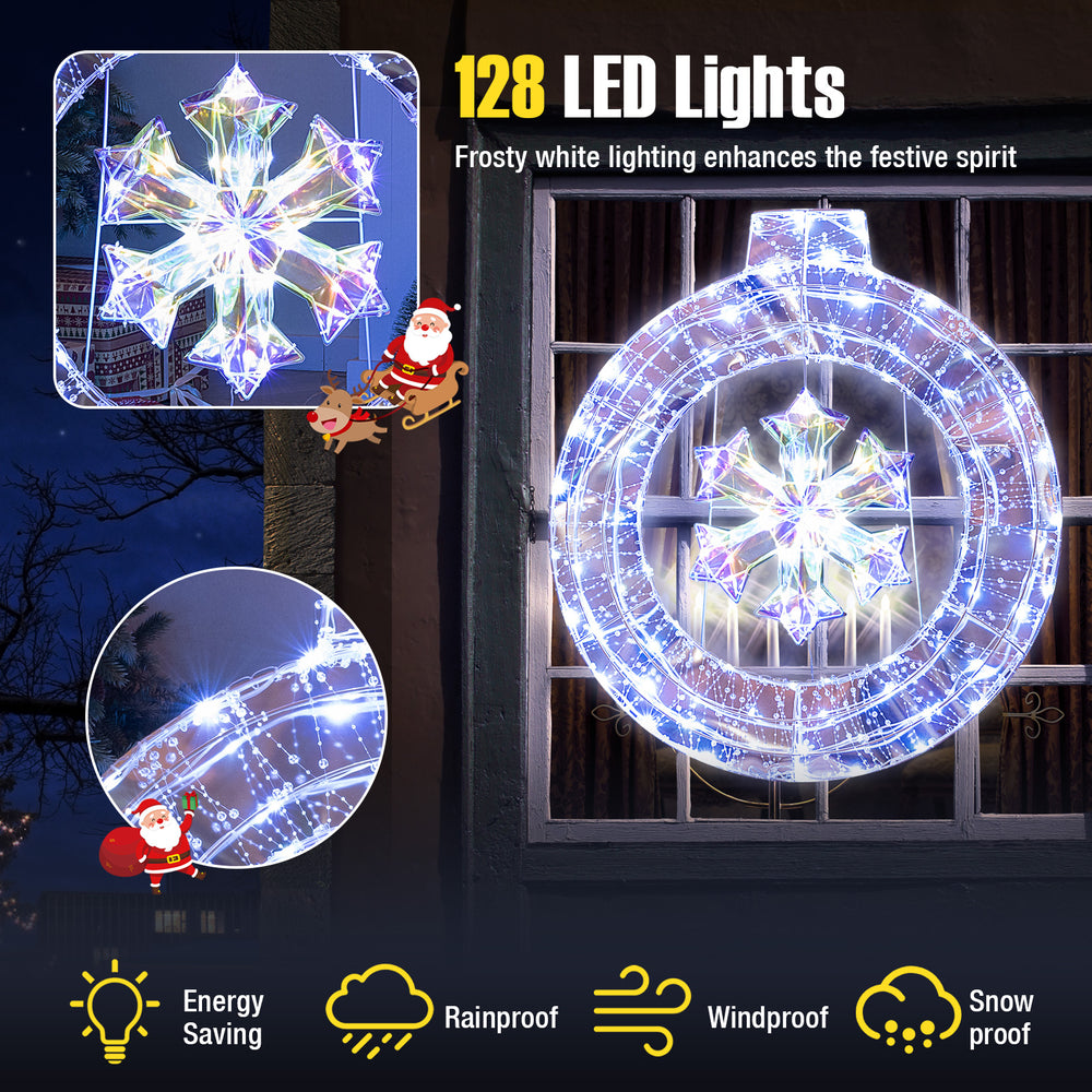 33-inch lighted snowflake wreath with 128 energy-saving LED lights, ideal for festive indoor and outdoor Christmas.