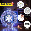 33-inch lighted snowflake wreath with 128 LED lights, weather-resistant for indoor and outdoor Christmas decoration.