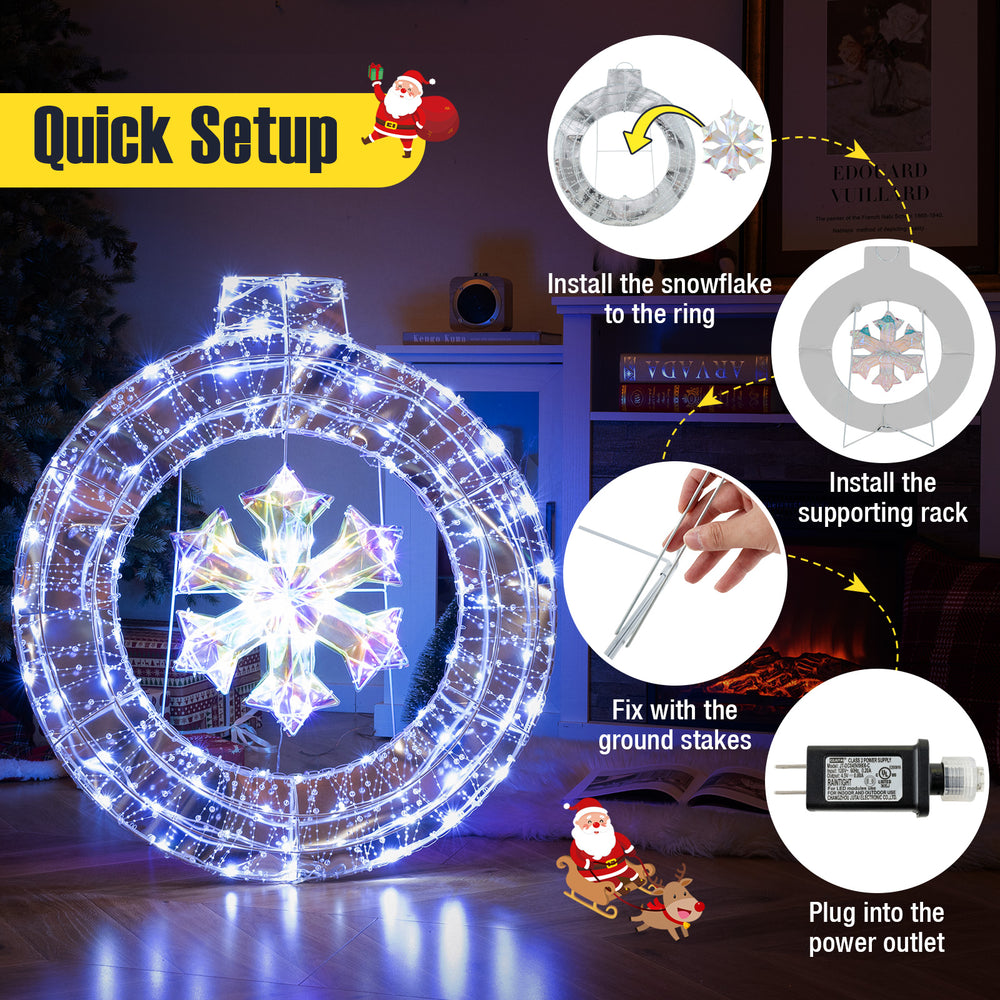 33-inch lighted snowflake wreath with 128 LED lights, weather-resistant for indoor and outdoor Christmas decoration.