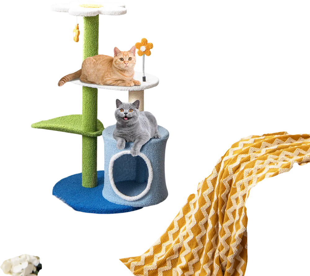 34.5-inch 4-tier cat tree in blue with plush perches, scratching posts, and playful balls for feline fun and comfort.