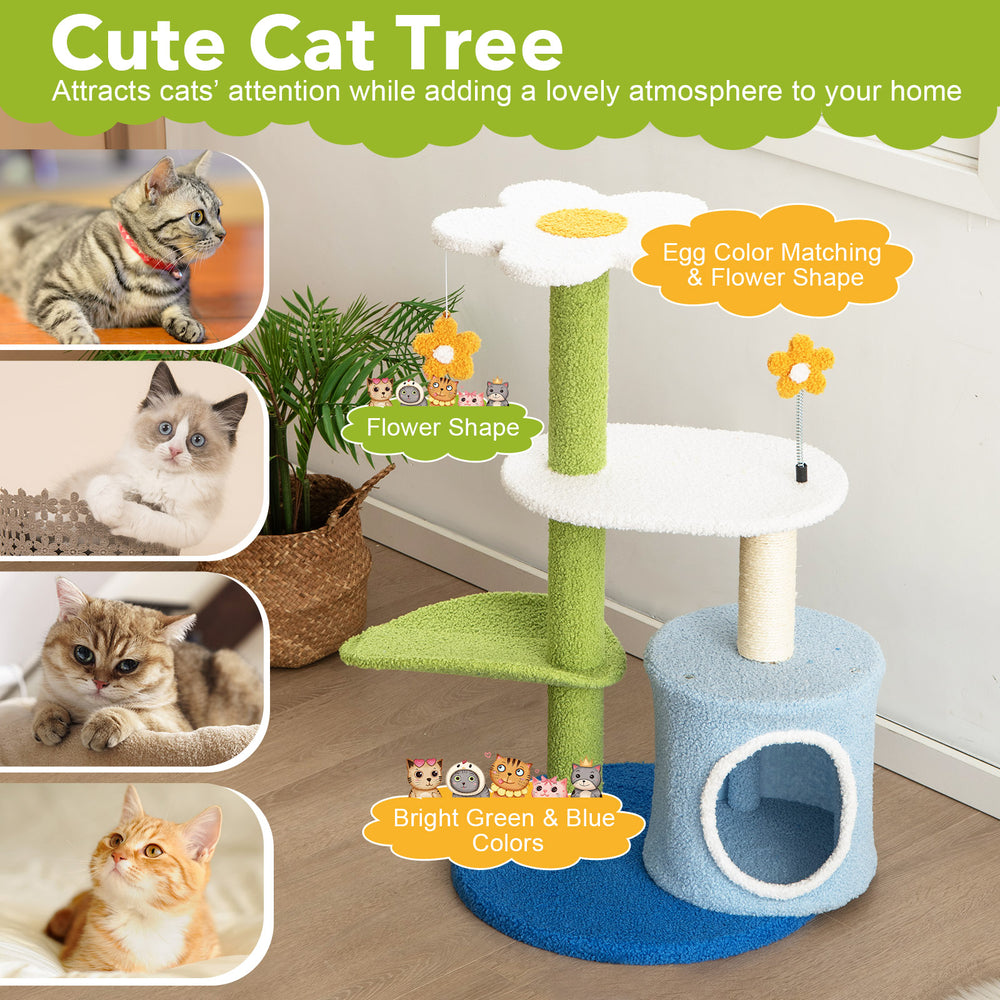 34.5-inch 4-tier cute cat tree in blue with flower shape, sisal scratching posts, and comfy perches for playful kittens.