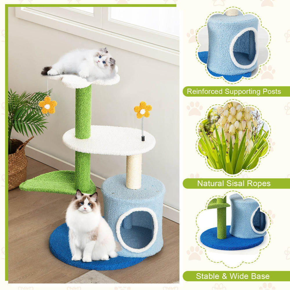 34.5-inch 4-tier cat tree in blue with plush fabric, sisal posts, and playful balls for kittens' entertainment.