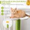 Leaf-shaped perch of a 34.5-inch cat tree in blue, featuring soft mohair fabric and playful jingling balls for cats.