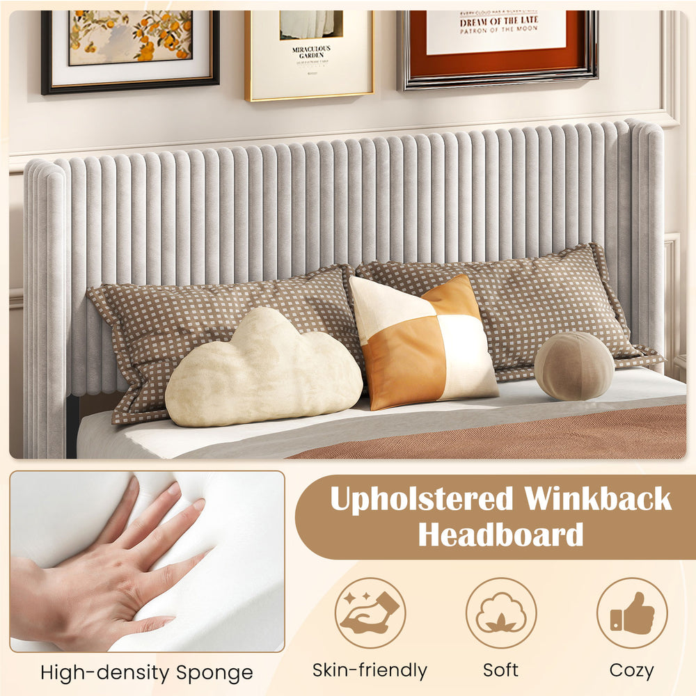 Queen size velvet bed frame with vertical channel tufted wingback headboard, featuring soft, skin-friendly upholstery.